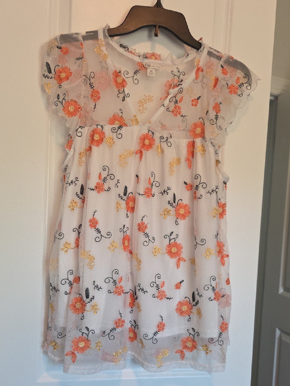 Womens' White Floral Embroidered Mesh Top - Orange & Gold Flowers